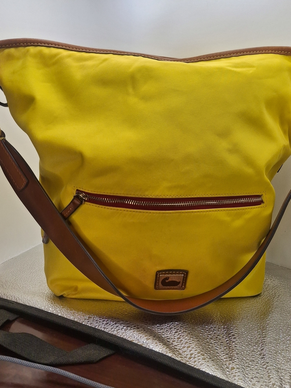 Dooney & Bourke Yellow Nylon Shoulder Bag Purse Handbag with Brown Leather Trim